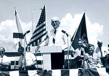 United States Senator Spessard Holland made the principal Port Canaveral dedication address, calling it, “Our nation’s port for inner and outer space.” Later, as darkness fell, the festivities moved inland with two formal balls held at the Indian River Hotel in Rockledge and the American Legion Hall in Cocoa. (Port Canaveral image)