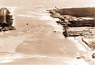 Aerial view of the harbor inlet on Dedication Day, November 4, 1953. (Port Canaveral image)