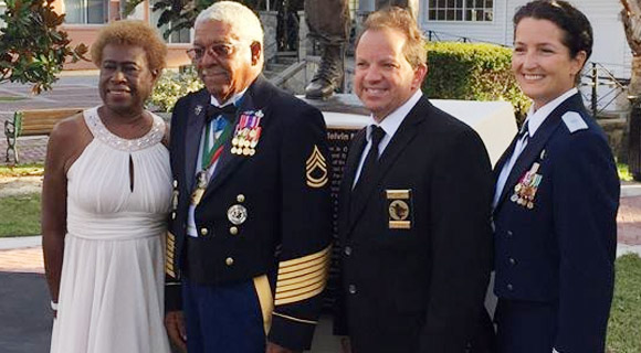 FROM LEFT TO RIGHT: Mrs. Mary Morris, Sgt. First Class Melvin Morris, Cocoa Mayor Henry Parrish, Brig. Gen. Nina Armagno, commander of the 45th Space Wing at Patrick Air Force Base. (Image for SpaceCoastDaily.com)