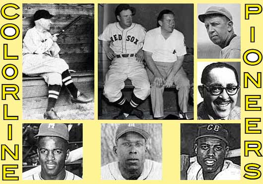 IN THE BEGINNING: The first, and little known, Major League tryout for black players was arranged by Wendell Smith (center right above), a black sportswriter for the Pittsburgh Courier, and took place at Fenway Park on April 16, 1945 – two years before the color barrier was broken. The tryout was supervised by four Hall of Famers: Hugh Duffy (top left), a Red Sox coach; Joe Cronin (top center, left), the manager; Eddie Collins (top right), the general manager; and Tom Yawkey (top center, right), the owner.   Immediately following the tryout, all four tried to dodge responsibility for evaluating the players. The tryout included two stars from the Negro League, including Philadelphia Stars shortstop Marvin Williams (above center) and Cleveland Buckeyes outfielder Sam Jethroe (above right); and ex-UCLA running back Jackie Robinson (above left). 