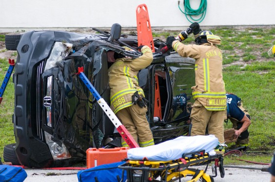 Two occupants in a black Honda SUV were trapped after the crash, however firefighters from Palm Bay Fire Rescue quickly extricated the couple from the vehicle. (Michael Moore image)