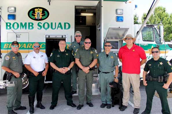 Members of the BCSO Crime Prevention Unit, Motor Unit, Bomb Unit, Patrol Unit, Explorers, Ag Marine and K-9 unit include, left to right, Deputy Gary Anderson, Deputy Frank Santiago, Sheriff Wayne Ivey, Agent Scott Carson, K-9 Deputy Jason Knepp, Deputy Ben Wheeler, Sgt. Mike Green and Corporal Mark Rosenfeld. (BCSO image)