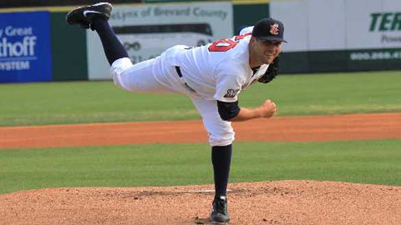 Brevard County starting pitcher Chad Pierce struck out a career-high nine hitters in 5.1 innings of work as the Manatees won their 18th one-run game of the season, 2-1, over the Jupiter Hammerheads on Thursday night at Space Coast Stadium. (Dennis Greenblatt/Hawk-Eye Sports Photography)