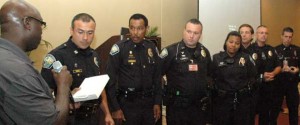 OUTSTANDING OFFICERS: Palm Bat Police Critical Incident Commander Capt. Nelson Moya, CNT Team Leader Lt. Jim Richmond, and CNT Officers CJ Woronka and Mike Roberts presented details of how they worked jointly with patrol units, SWAT personnel and more than half a dozen other responding agencies to peacefully resolve a situation where a suspect who shot at police officers and wounded one, surrendered after a 7-hour standoff. (PBPD image)