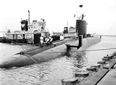 The UK's Polaris missile HMS submarine Revenge in May 1970 at Port Canaveral during a month-long visit to the port for test firing of her Polaris missile and exercises for her crew. (Courtesy of iwm.org.uk)