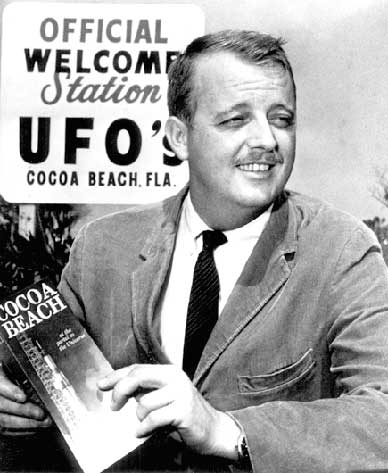 Joe Morgan in 1966 during his first hitch as the the president of Cocoa Beach Area Chamber of Commerce.  This photo appeared in National Enquirer for a story on the Official Welcome Station UFOs in Cocoa Beach. 