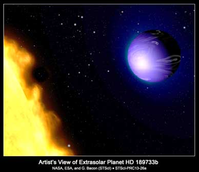 This artist's concept shows exoplanet HD 189733b orbiting its yellow-orange star, HD 189733. NASA's Hubble Space Telescope measured the actual visible-light color of the planet, which is deep blue. (NASA, ESA, and G. Bacon (STScI) image)