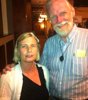 Heike Clarke of Brevard Live magazine, left, with Tom Van Dyke's proud father at the 2013 Brevard Live Music Awards. (SpaceCoastDaily.com image)