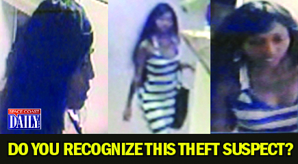 The theft suspect is described as a thin, black female with long black hair (possibly a wig). At the time of the incident, she was wearing a sleeveless, ankle length dress with horizontal stripes. She may have also had a tattoo on her upper chest. (MPD images)