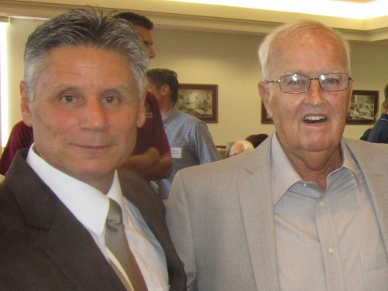 Durin a 2013 Panther luncheon, Women's Basketball Head Coach John Reynolds (left), greets former Florida Tech Baseball Coach Les Hall. (SpaceCoastDaily.com image)