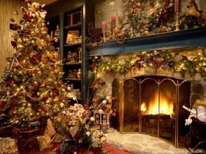 A cozy fire adds to holiday ambience. Be sure to prevent dangerous sparks with a fireplace screen.