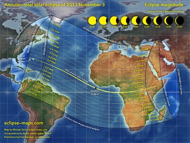 This is an overview map of this morning's annular and total solar eclipse, a hybrid solar eclipse, and shows the path of the event. (Eclipse-Maps.com)