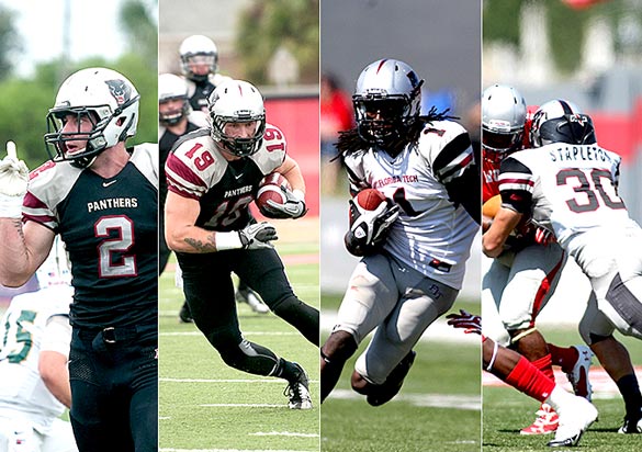 Florida Tech linebacker Justin Arcune, tight end Gabe Hughes, wide receiver Xavier Milton and linebacker Chris Stapleton have been named to the 2013 Don Hansen NCAA Division II All-Super Region Two Team. (Florida Tech images)