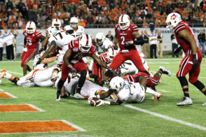 Miami got off to a hot start — forcing a Louisville safety in its first possession — but was held without a score until 10:23 left in the game. This was the first time since Nov. 27, 2010, that Miami did not score a touchdown or field goal in the first half. (Rhett Lighthall image)