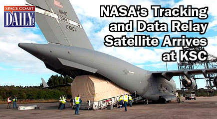 A truck hauls NASA’s TDRS-L satellite to the Astrotech facility in Titusville for launch processing. The TDRS is the latest spacecraft destined for the agency’s constellation of communications satellites that allows nearly continuous contact with orbiting spacecraft ranging from the International Space Station and Hubble Space Telescope to the array of scientific observatories. (NASA.gov image)