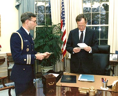 One particularly challenging assignment was when he was Military Aide to Presidents George H.W. Bush, above, and Bill Clinton, carrying the “football” for the two presidents. “I had the honor to serve President and Mrs. Bush, who both had the highest integrity and utmost respect for the office, along with the deepest concern for our country.” (Image for SpaceCoastDaily.com)