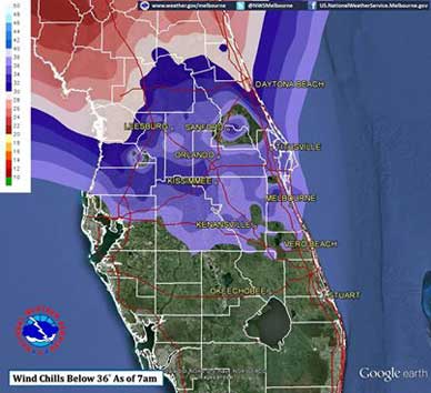 Freezing temperatures and frost will be possible tonight, remember to take your precautions for pets and plants. And always use space heaters away from flammable items. Friday morning is also showing lows in the 30s over much of the area away from the beaches. (National Weather Service image)