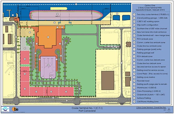 In addition to the two-story terminal, the project will include a 1,400-foot-long berth and parking for 1,000 vehicles, also slated to be completed by November 2014. (Port Canaveral Image)