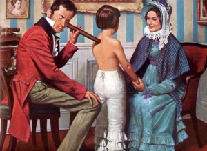 The above photo shows Dr. Rene Laennec examining a young boy with his stethoscope. The picture is taken from a painting by Robert A. Thom, copyrighted in 1960.