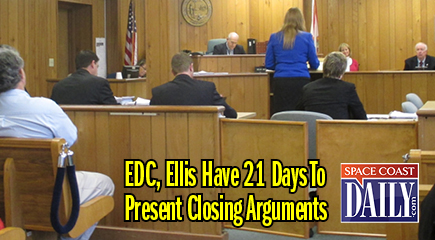 The two-day hearing in the case of Brevard County Clerk of Court, Scott Ellis vs. the Economic Development Commission of Florida's Space Coast ended with Judge John "Dean" Moxley giving the attorneys for both parties 21 days to write closing arguments that apply the evidence introduced in court to the "Schwab Test." (SpaceCoastDaily.com image)