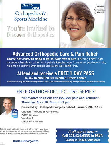 As part of Health First's Free Orthopedic Lecture Series, First Choice Medical Group Orthopedic Surgeon Richard Harrison, MD, FAAOS will present “Innovative solutions for shoulder pain and Arthritis” on Thursday, April 10.