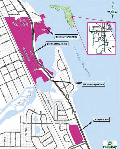 A market study was done for this area and it identified two potential anchors that involve an entertainment district including restaurants and possibly an amphitheater along with a recreational and commercial working waterfront. (City of Palm Bay image)