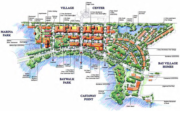 The focal point for Palm Bay’s case includes the Bayfront Community Redevelopment Agency (BCRA), created in 1999. The city has identified four areas within the BCRA for development including the Marina/Pospisil site, the proposed Bayfront Village, Castaways Point and the Estopeliz property which is located about a half-mile south of the marina and is a vacant former site of a grocery store. (City of Palm Bay image)