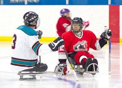 SLED HOCKEY is based on an adaptive device known as a sled, which is basically two skate blades and a runner in the front to form a tripod. Players use two shortened hockey sticks with a blade on one end a pick on the other to propel themselves across the ice. (Space Coast Medicine & Active Living image)