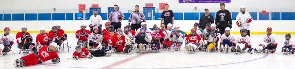 SPACE COAST SLED HOCKEY PLAYERS include Greg Shaw, Pablo Sanchez, Chris Douglas, Harry Benson, Eric Westermeyer, Nick Reinarts, Andrew Tompkins, Nate Perez, Eliot Lemoncelli, Gabriel Sanchez, Sean Gallagher, Anthony Martinez, Ricky Johnston, Justin Miller, Jacob Crespo, Amanda Martori, Miles Goznell, Lee Hathaway, Jason Picaro and Ryan Kerley. Coaches and assistants include Tom Reinarts, John Guerre, Steve Guerre, Brad Cervi, Casey Chizek and Terri Marlett. (Space Coast Medicne & Active Living Image)