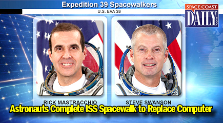 NASA Astronauts Steve Swanson and Rick Mastracchio have completed a short spacewalk to replace a failed Multiplexer/Demultiplexer (MDM) back up computer. They began the re-pressurization of the Quest airlock at 11:32 a.m. EDT signifying the excursion’s end time. (NASA image)