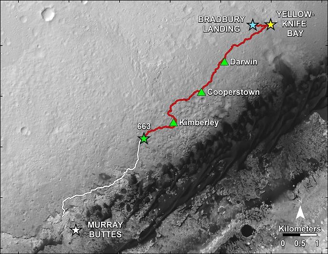 This map shows in red the route driven by NASA's Curiosity Mars rover from the "Bradbury Landing" location where it landed in August 2012 (blue star at upper right) to nearly the completion of its first Martian year. The white line shows the planned route ahead. (NASA.gov image)