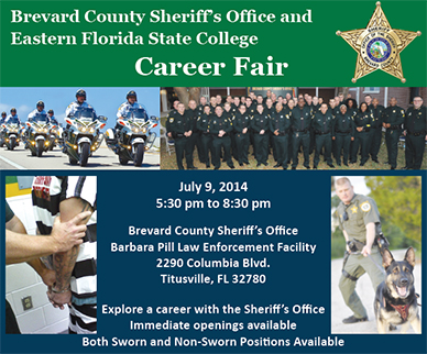 The Brevard County Sheriff’s Office and Eastern Florida State College are hosting a Career Fair on July 9, from 5:30 to 8:30 p.m. at the Brevard County Sheriff’s Office North Precinct, located at 2290 Columbia Blvd., Titusville. (Image for SpaceCoastDaily.com)