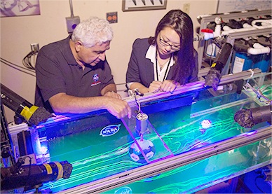 Dr. Rabi Mehta and Christina Ngo view a test of a of a traditional 32-panel football scale-model in the 17-inch water channel. Flow patterns are visualized using florescent dye and black lights. (NASA.gov)