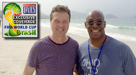 Space Coast Daily's Keith Malone with England and Arsenal soccer star Ian Wright at the World Cup on Copacabana Beach, Brazil. (SpaceCoastDaily.com image)