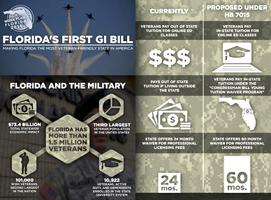 HB 7015, called the "Florida GI Bill," provides university tuition waivers for veterans, pays for military and guard base improvements, is expected to help increase employment opportunities for veterans and allocates $1 million a year to sell the state to veterans.