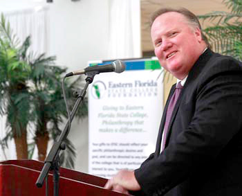  EFSC President Dr. Jim Richey shares his thoughts on keeping tuition affordable with attendees at a reception for members of the Space Coast's legal community. (EFSC image)