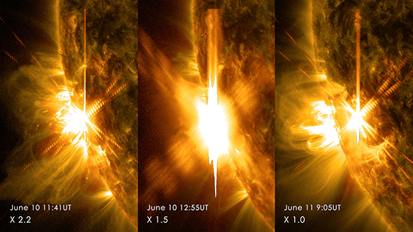 Three X-class flares erupted from the left side of the sun June 10-11, 2014. These images are from NASA's Solar Dynamics Observatory and show light in a blend of two ultraviolet wavelengths: 171 and 131 angstroms. The former is colorized in yellow; the latter, in red. (NASA.gov Image)