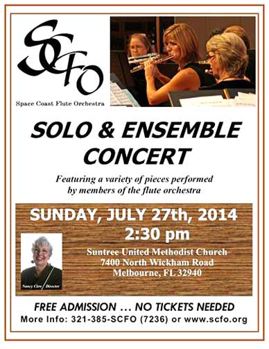 Join the The Space Coast Flute Orchestra on Sunday, July 27 at the Suntree United Methodist Church for a concert and indulge in the unique experience of over 30 flutes, comprising one of the largest regularly rehearsed flute orchestras in the world.