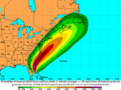 The National Hurricane Center (NHC) noted at 8 a.m. EDT (1200 UTC) that the center of Tropical Depression 1 was located near 27.5 degrees north latitude and 79.2 degrees west longitude. That’s just about 95 miles (155 km) southeast of Cape Canaveral, Florida.