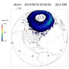 This model shows where the aurora was visible at 7:30 p.m. EDT on Aug. 19, 2014, as the International Space Station flew over it. The model is an Ovation Prime model and it is available from the Community Coordinated Modeling Center at NASA's Goddard Space Flight Center in Greenbelt, Maryland. (NASA.gov image)