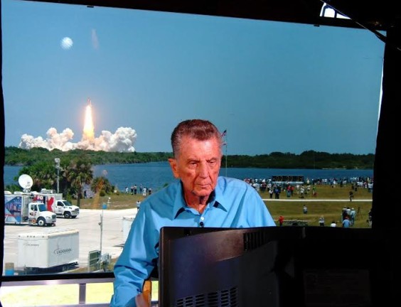 NBC space correspondent Jay Barbree working a shuttle launch at Kennedy Space Center.