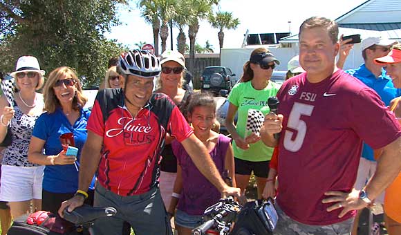 Nearly 100 local fans, including Dr. Steve Ryland of Beachside Physical Therapy, welcomed Dr. Michael Ewald as he concluded a 1,500 mile bicycle trek on September 14 to bring focus to Ewald’s passion about helping people get healthier through common sense eating, lifestyle changes and simple tools that will allow us to live healthy lives. (SpaceCoastDaily.com 