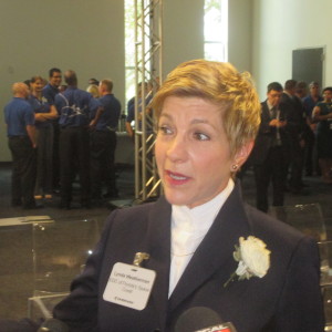 Space Coast Economic Development Commission CEO Lynda Weatherman speaks to Space Coast Daily and other media at the opening of Embraer's new Engineering and Tech center at Melbourne International Airport