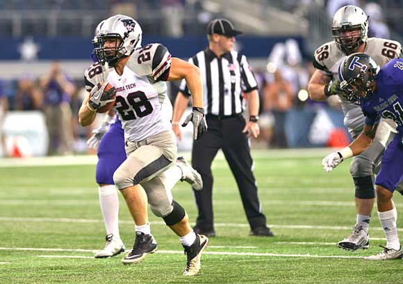 Trevor Sand runs past the Tarleton State defense at AT&T Stadium. Sand picked up 152 yards and scored three TDs in the Panther's big win in Texas. (Amanda Stratford image)