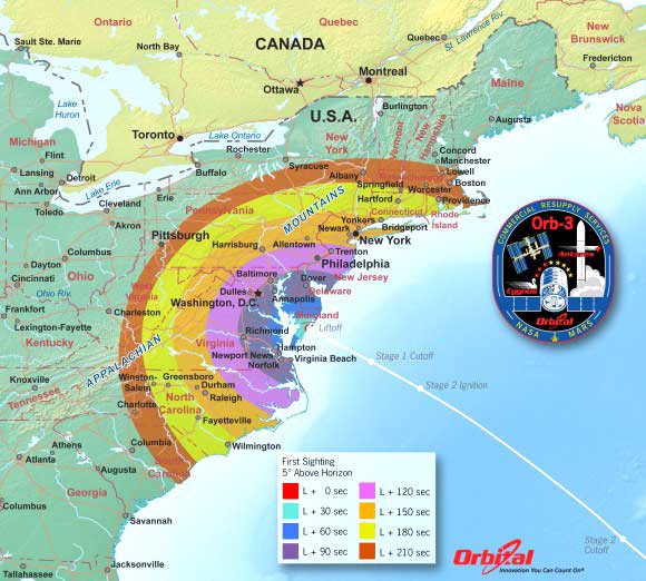 Depending on local weather conditions, the Antares blastoff will be visible along much of the US eastern seaboard – stretching from Maine to South Carolina. (Orbital Sciences image)