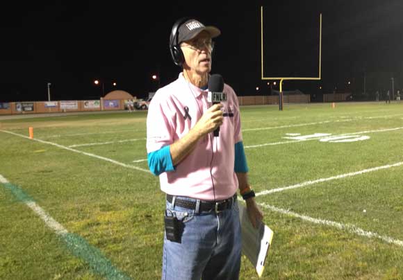 Friday Night Locker Room's Steve Wilson broadcasting from the sidelines at Cocoa Stadium. The Tigers are hosting Jones in Week 10 high school football action. (Rhett Lighthall image)