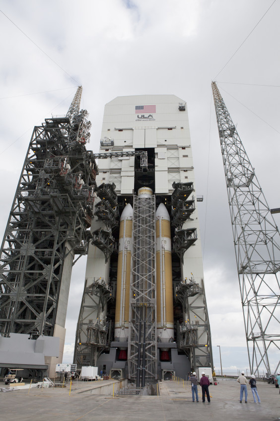 The United Launch Alliance Delta IV Heavy rocket that will send NASA’s Orion spacecraft on its first flight test in December was moved to its vertical launch position Oct. 1 at Space Launch Complex 37 at Cape Canaveral Air Force Station in Florida. The rocket is secured on the Elevated Platform Transporter. (NASA.gov image)