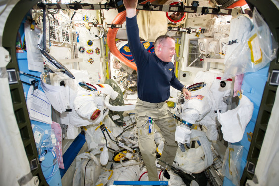 Flight Engineer Barry Wilmore conducts a scrub and cleansing of the water loops in his U.S. Extravehicular Mobility Unit spacesuit in the Quest airlock of the International Space Station. (NASA.gov image)