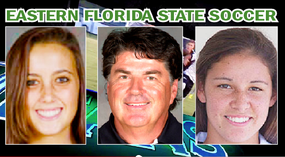 Eastern Florida women’s soccer players Abbie Camargo, right, and Jamie Perriello, left, are the NJCAA Region 8 Co-Most Valuable Players for the 2014 season. Eastern Florida head coach Jeff Carr, center, is the Region 8 Coach of the Year for the fourth straight time. (EFSC images)