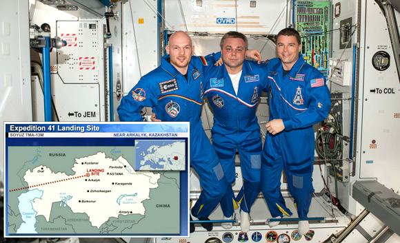 European Space Agency astronaut Alexander Gerst (left), Russian cosmonaut Maxim Suraev (center) and NASA astronaut Reid Wiseman pose for a portrait in the Harmony node of the International Space Station. The three crew members of Expedition 41 returned to Earth at 10:58 p.m. EDT Sunday, Nov. 9. (NASA image)